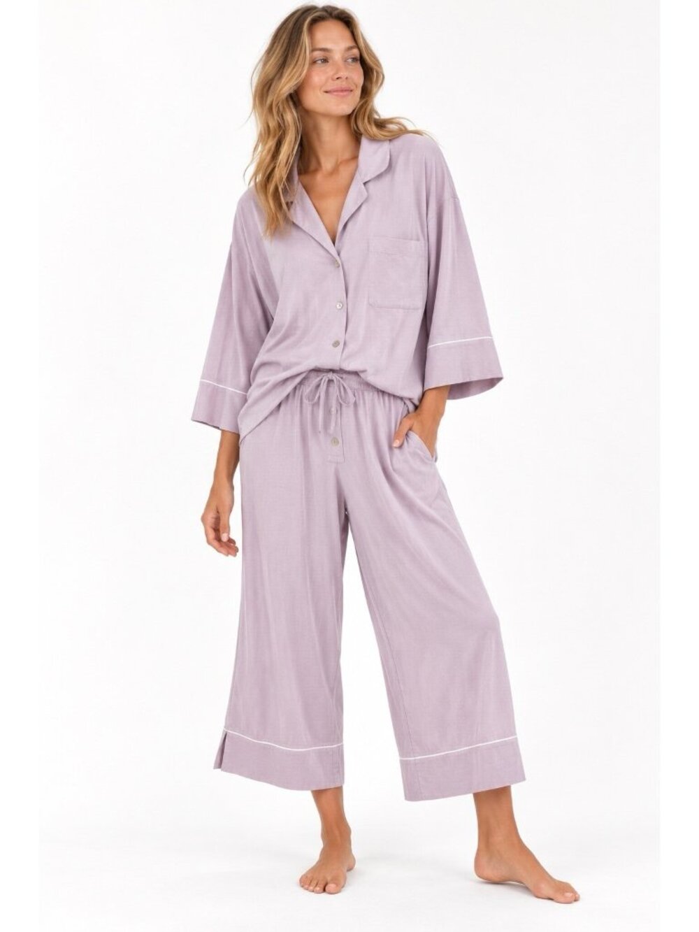 THE CATS PAJAMAS mariposa 2 piece set lavender large organic pima wide leg crop